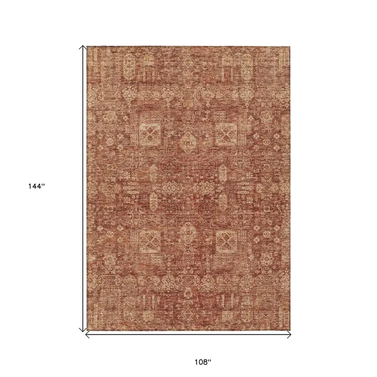 9' X 12' Orange Copper And Terra Cotta Oriental Washable Indoor Outdoor Area Rug