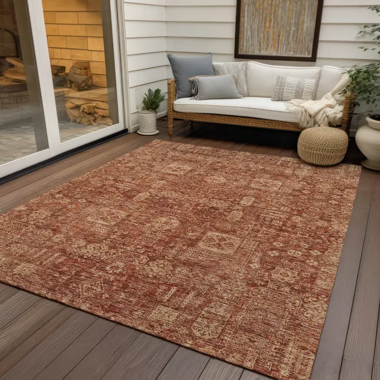 10' X 14' Orange Copper And Terra Cotta Oriental Washable Indoor Outdoor Area Rug