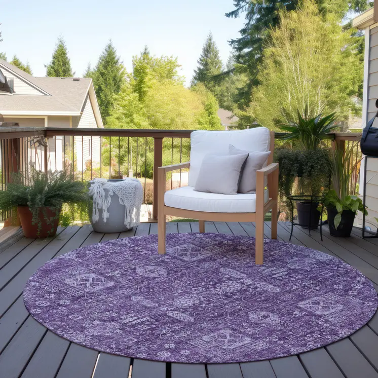 8' Purple Lilac And Lavender Round Oriental Washable Indoor Outdoor Area Rug