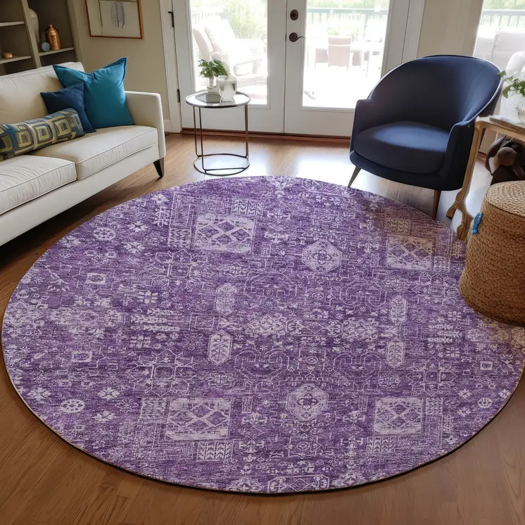 8' Purple Lilac And Lavender Round Oriental Washable Indoor Outdoor Area Rug