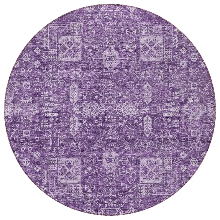 8' Purple Lilac And Lavender Round Oriental Washable Indoor Outdoor Area Rug