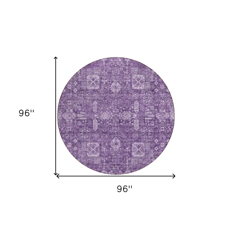 8' Purple Lilac And Lavender Round Oriental Washable Indoor Outdoor Area Rug