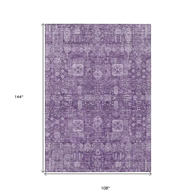 9' X 12' Purple Lilac And Lavender Oriental Washable Indoor Outdoor Area Rug