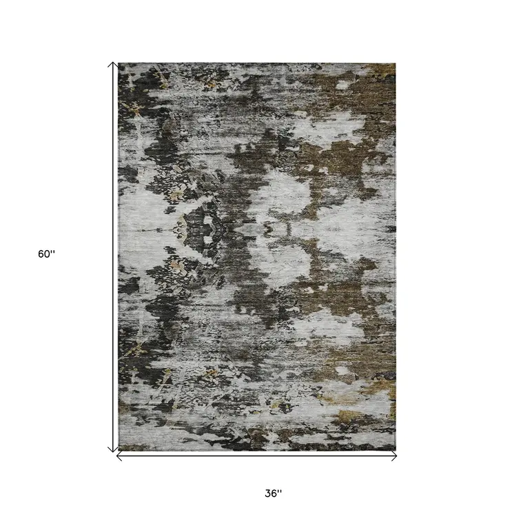 3' X 5' Taupe Brown And Gold Abstract Washable Indoor Outdoor Area Rug