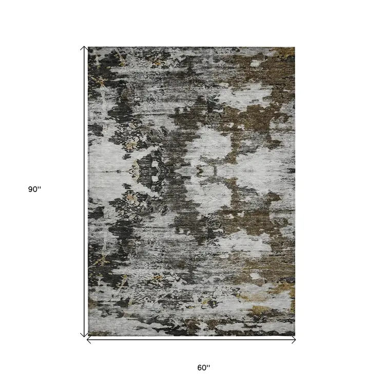 5' X 8' Taupe Brown And Gold Abstract Washable Indoor Outdoor Area Rug