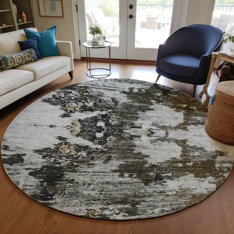 8' Taupe Brown And Gold Round Abstract Washable Indoor Outdoor Area Rug