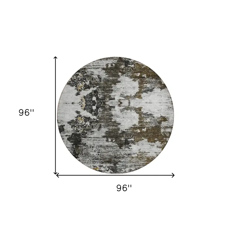 8' Taupe Brown And Gold Round Abstract Washable Indoor Outdoor Area Rug