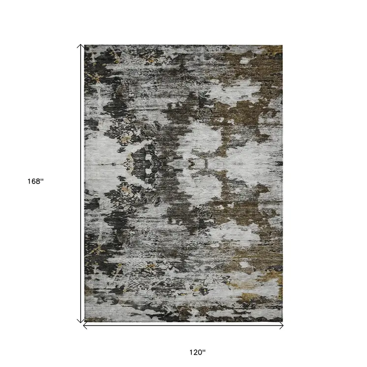 10' X 14' Taupe Brown And Gold Abstract Washable Indoor Outdoor Area Rug