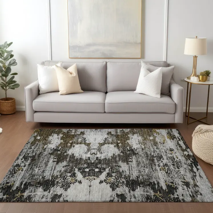 10' X 14' Taupe Brown And Gold Abstract Washable Indoor Outdoor Area Rug
