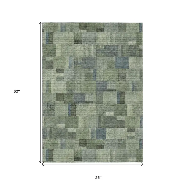 3' X 5' Green And Mint Green Geometric Washable Indoor Outdoor Area Rug