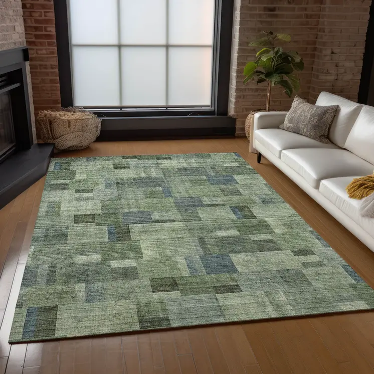 9' X 12' Green And Mint Green Geometric Washable Indoor Outdoor Area Rug