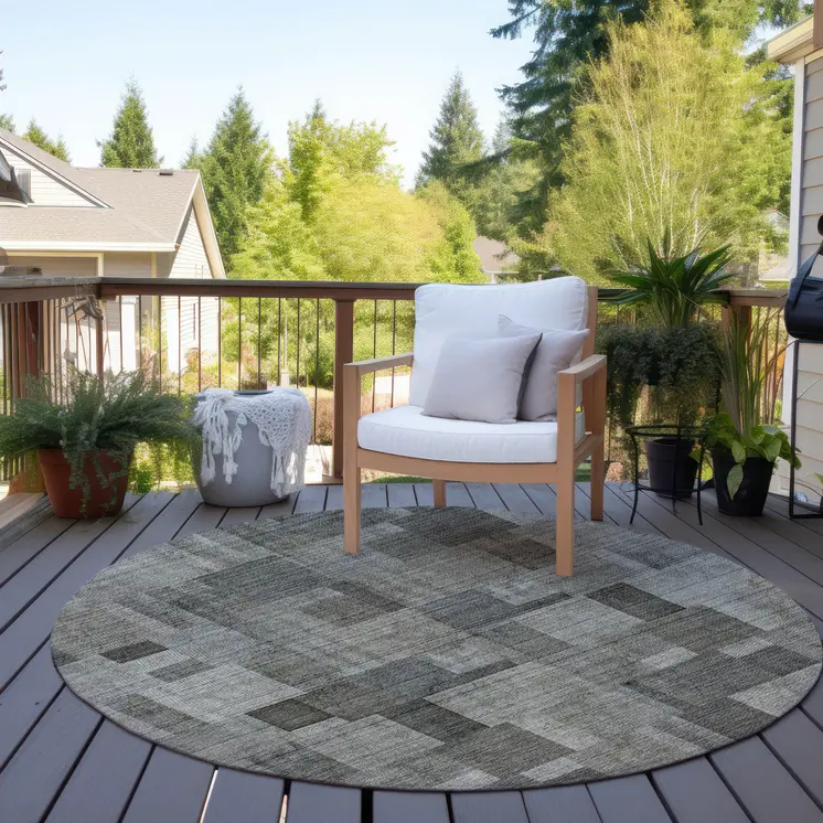 8' Taupe Beige And Gray Round Geometric Washable Indoor Outdoor Area Rug