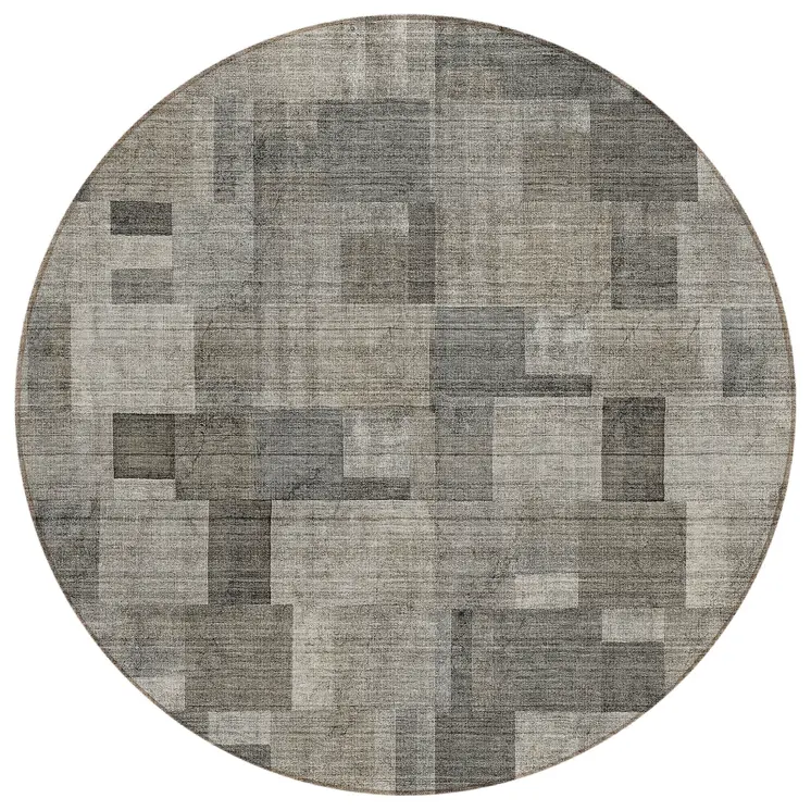 8' Taupe Beige And Gray Round Geometric Washable Indoor Outdoor Area Rug