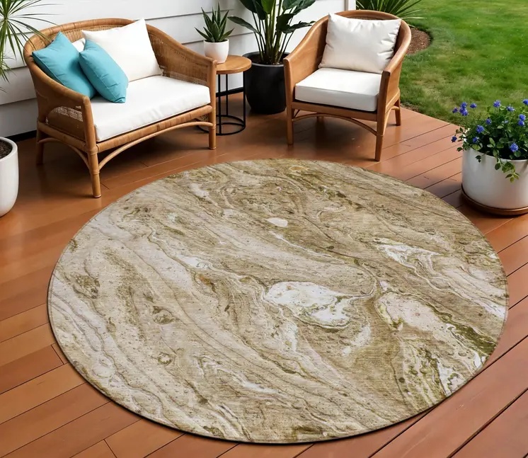 8' Brown Tan And Beige Round Abstract Washable Indoor Outdoor Area Rug