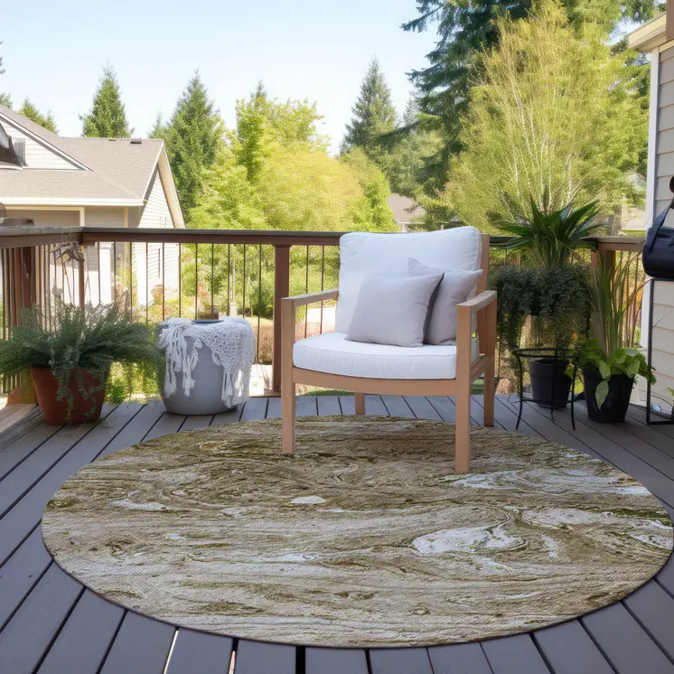 8' Brown Tan And Beige Round Abstract Washable Indoor Outdoor Area Rug