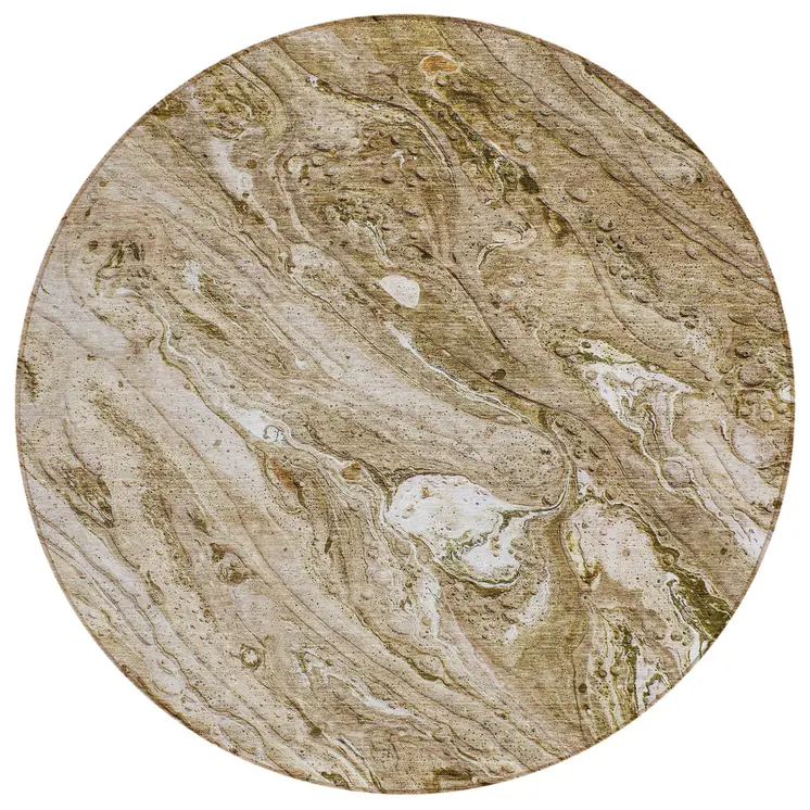 8' Brown Tan And Beige Round Abstract Washable Indoor Outdoor Area Rug