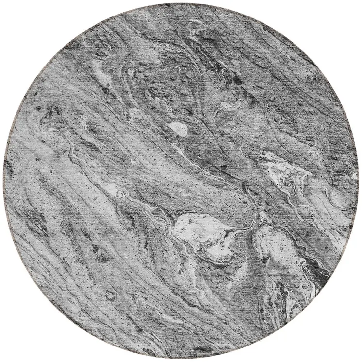 8' Gray Silver And Charcoal Round Abstract Washable Indoor Outdoor Area Rug