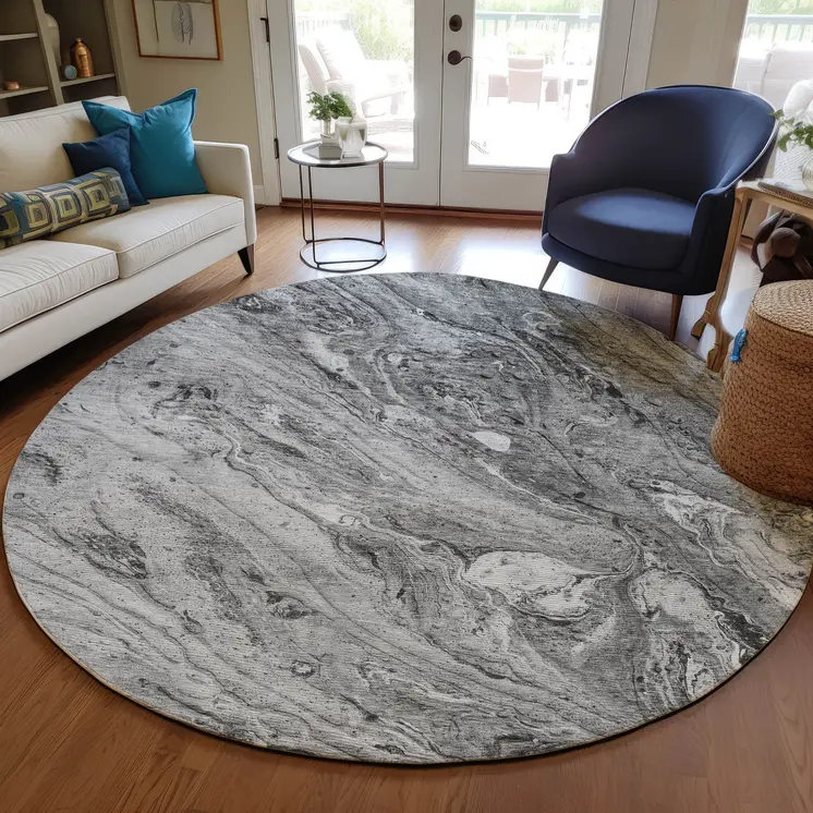 8' Gray Silver And Charcoal Round Abstract Washable Indoor Outdoor Area Rug