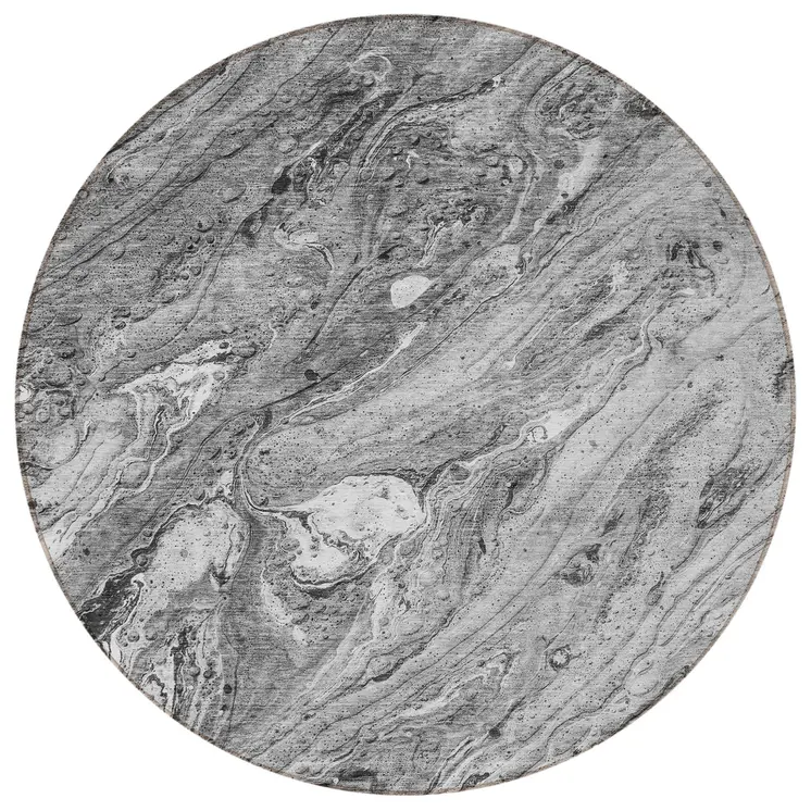 8' Gray Silver And Charcoal Round Abstract Washable Indoor Outdoor Area Rug