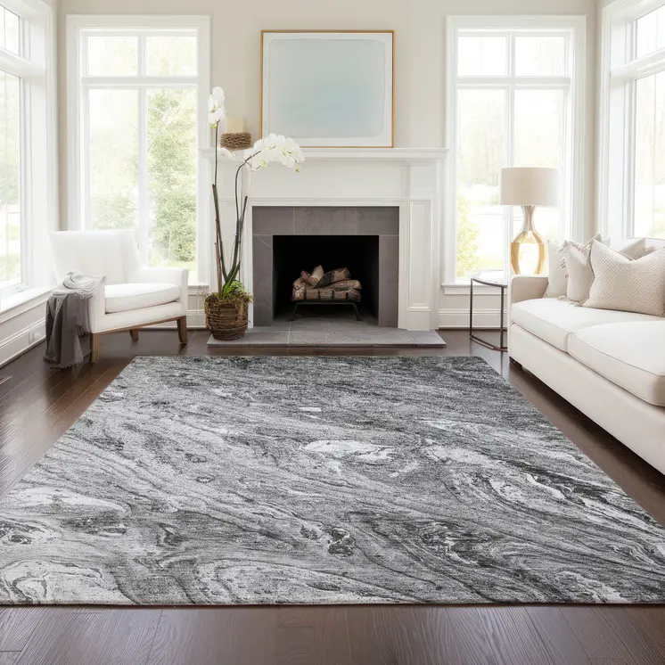 10' X 14' Gray Silver And Charcoal Abstract Washable Indoor Outdoor Area Rug