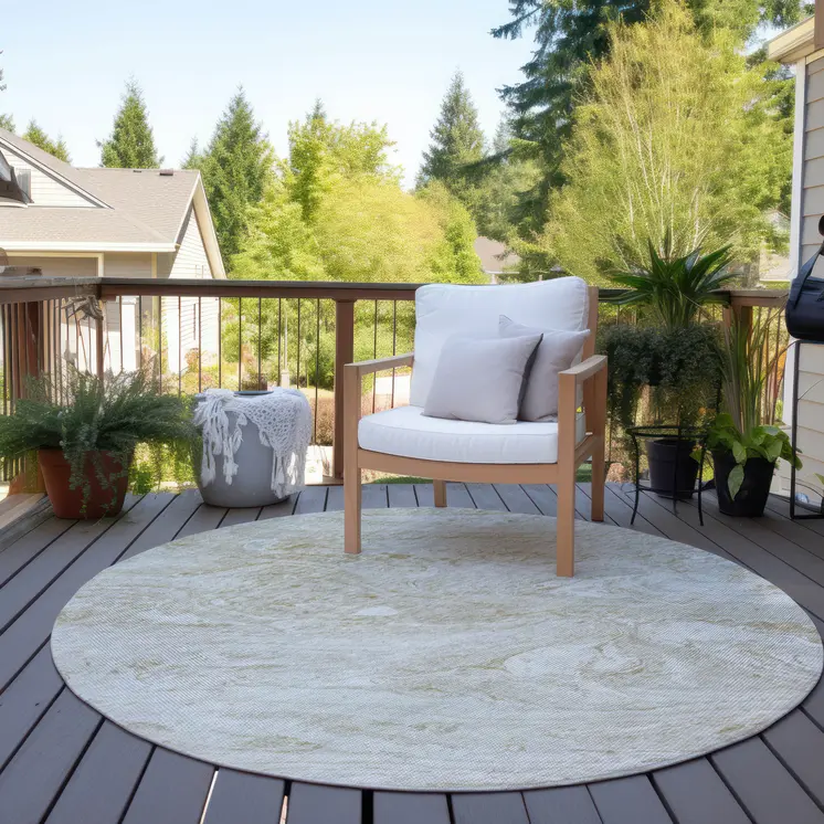8' Ivory Beige And Tan Round Abstract Washable Indoor Outdoor Area Rug