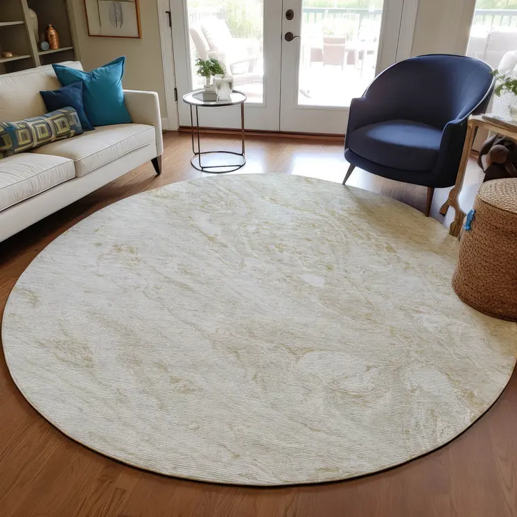 8' Ivory Beige And Tan Round Abstract Washable Indoor Outdoor Area Rug