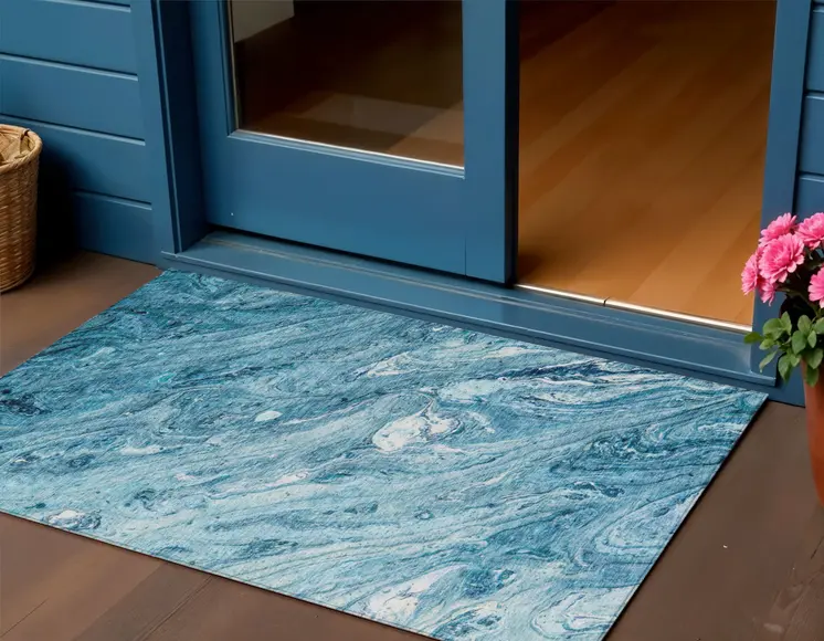 3' X 5' Sky Blue And Navy Blue Abstract Washable Indoor Outdoor Area Rug
