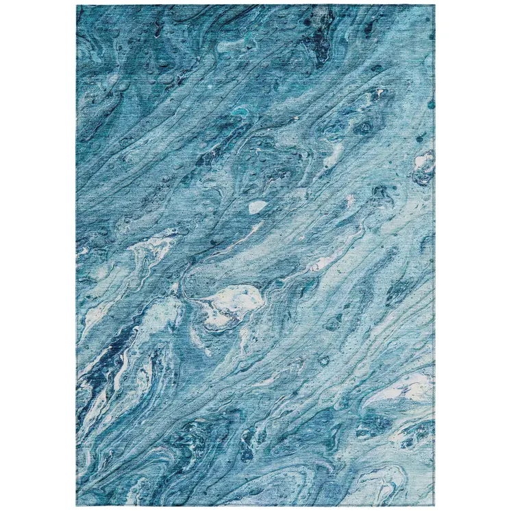 5' X 8' Sky Blue And Navy Blue Abstract Washable Indoor Outdoor Area Rug