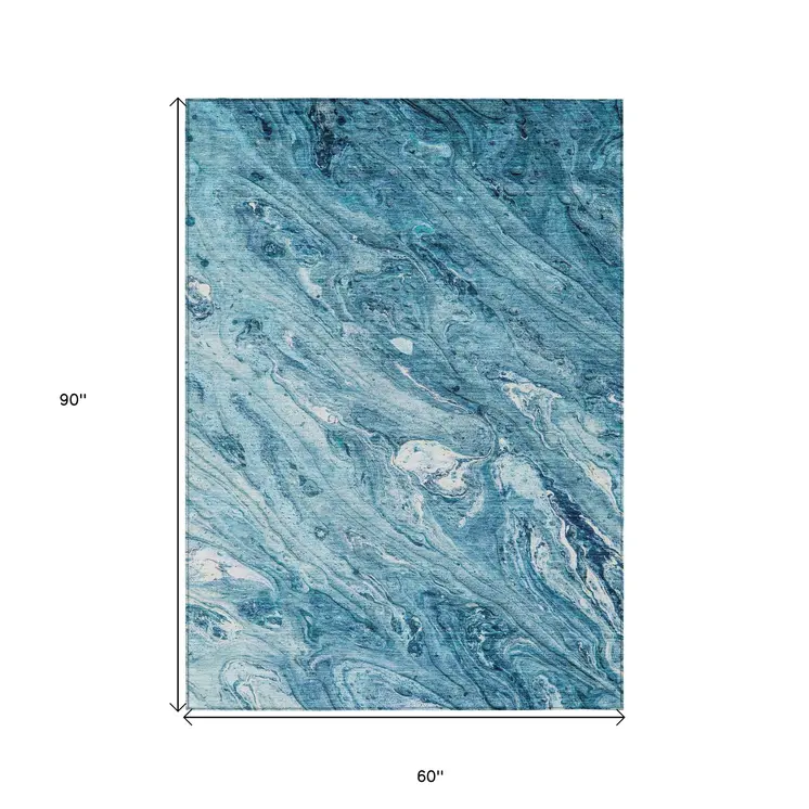 5' X 8' Sky Blue And Navy Blue Abstract Washable Indoor Outdoor Area Rug