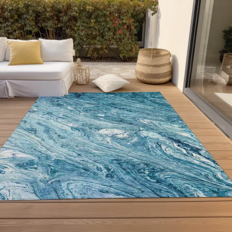 5' X 8' Sky Blue And Navy Blue Abstract Washable Indoor Outdoor Area Rug