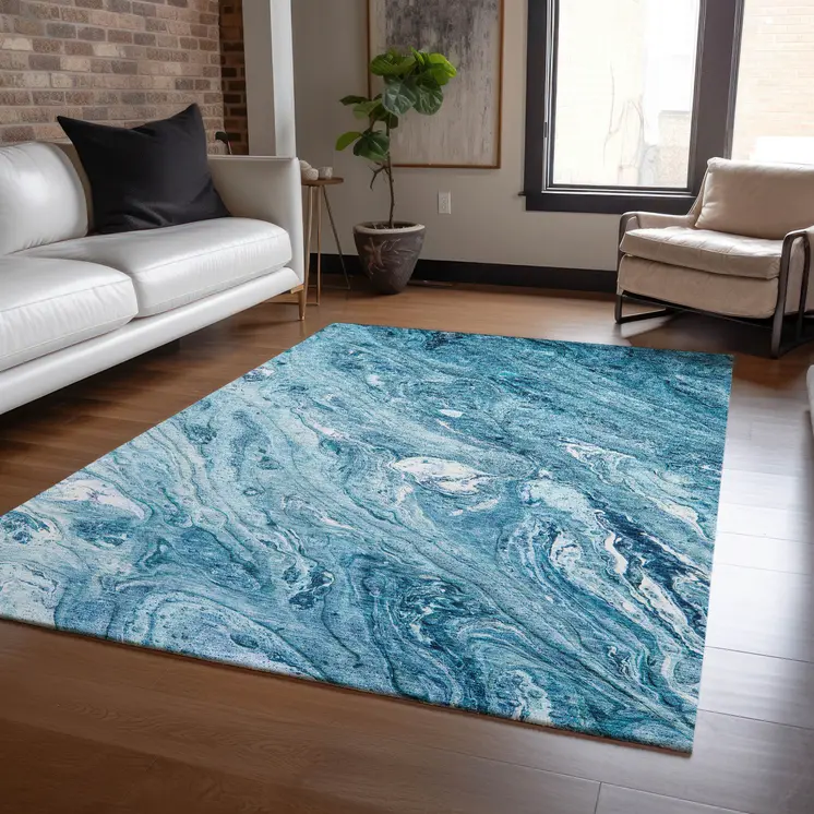 5' X 8' Sky Blue And Navy Blue Abstract Washable Indoor Outdoor Area Rug