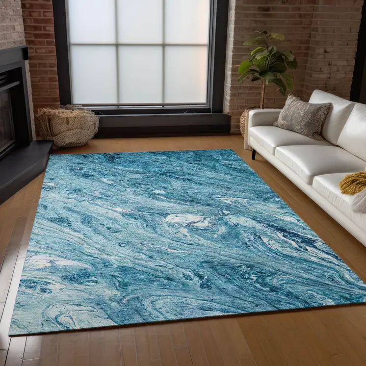 5' X 8' Sky Blue And Navy Blue Abstract Washable Indoor Outdoor Area Rug
