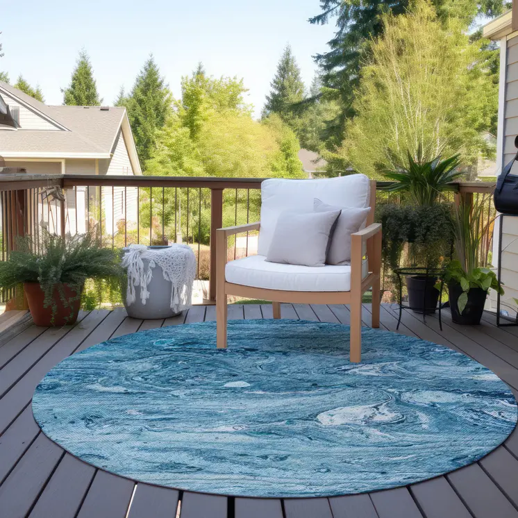 8' Sky Blue And Navy Blue Round Abstract Washable Indoor Outdoor Area Rug