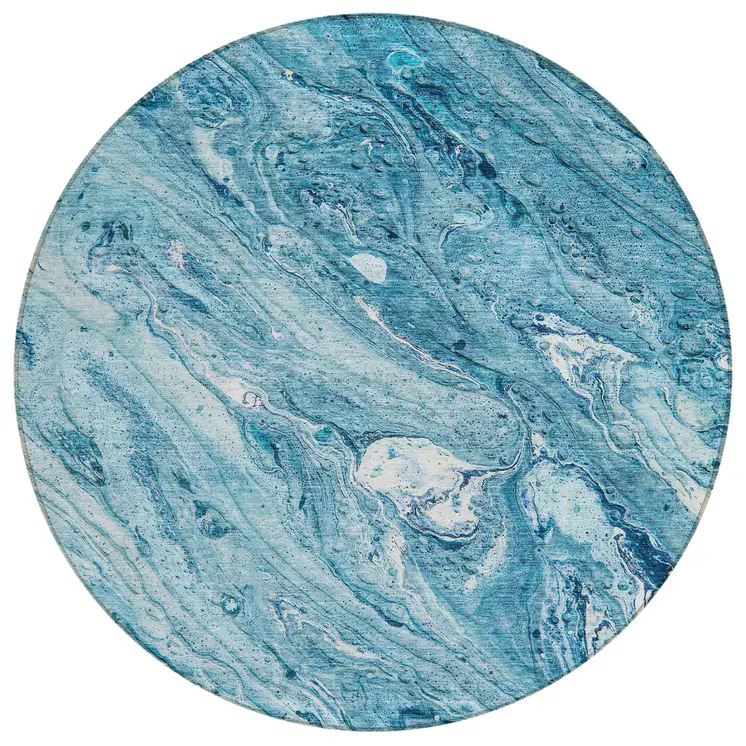 8' Sky Blue And Navy Blue Round Abstract Washable Indoor Outdoor Area Rug