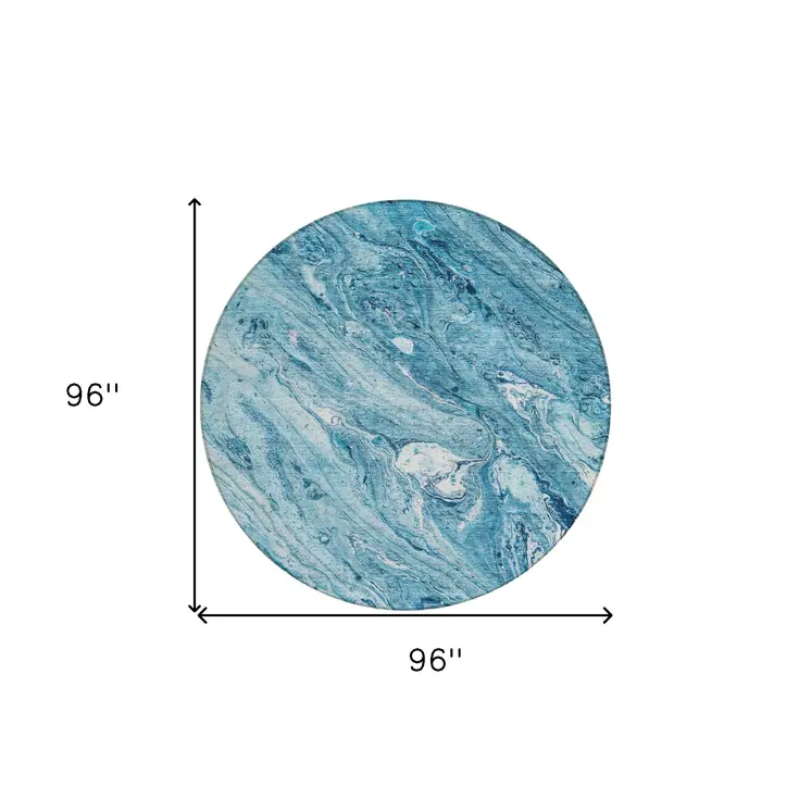 8' Sky Blue And Navy Blue Round Abstract Washable Indoor Outdoor Area Rug