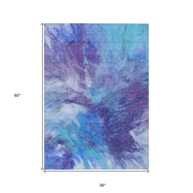 3' X 5' Purple And Navy Blue Abstract Washable Indoor Outdoor Area Rug