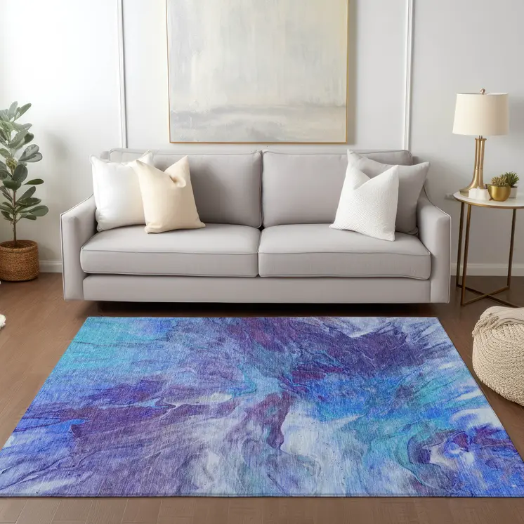 3' X 5' Purple And Navy Blue Abstract Washable Indoor Outdoor Area Rug