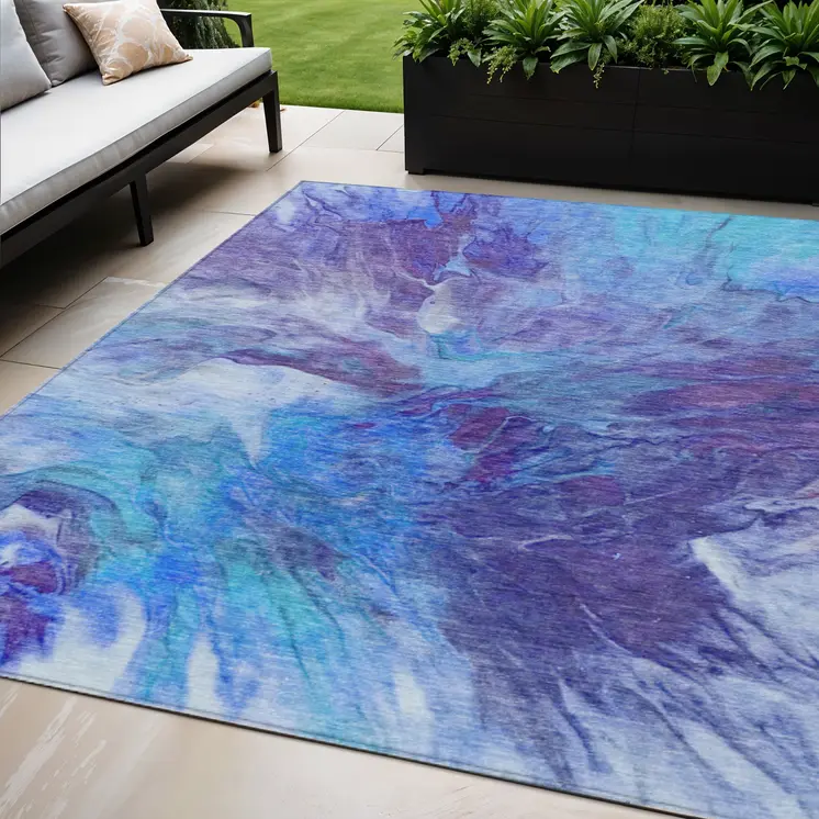 5' X 8' Purple And Navy Blue Abstract Washable Indoor Outdoor Area Rug