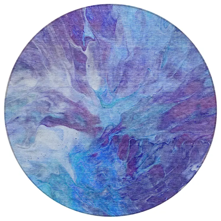 8' Purple And Navy Blue Round Abstract Washable Indoor Outdoor Area Rug