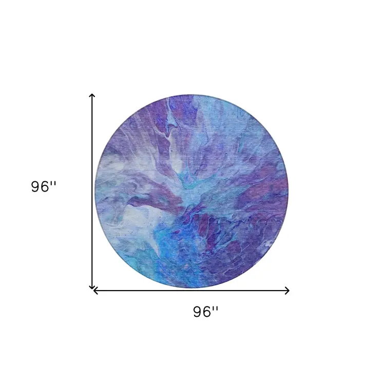 8' Purple And Navy Blue Round Abstract Washable Indoor Outdoor Area Rug