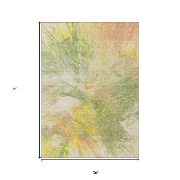 3' X 5' Green And Yellow Abstract Washable Indoor Outdoor Area Rug
