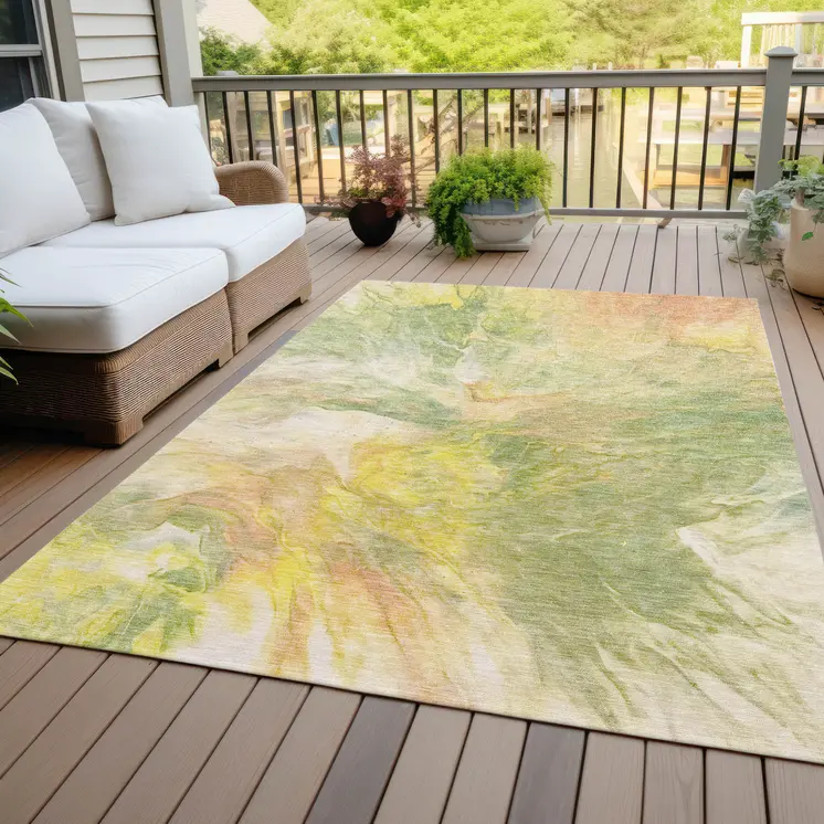 3' X 5' Green And Yellow Abstract Washable Indoor Outdoor Area Rug