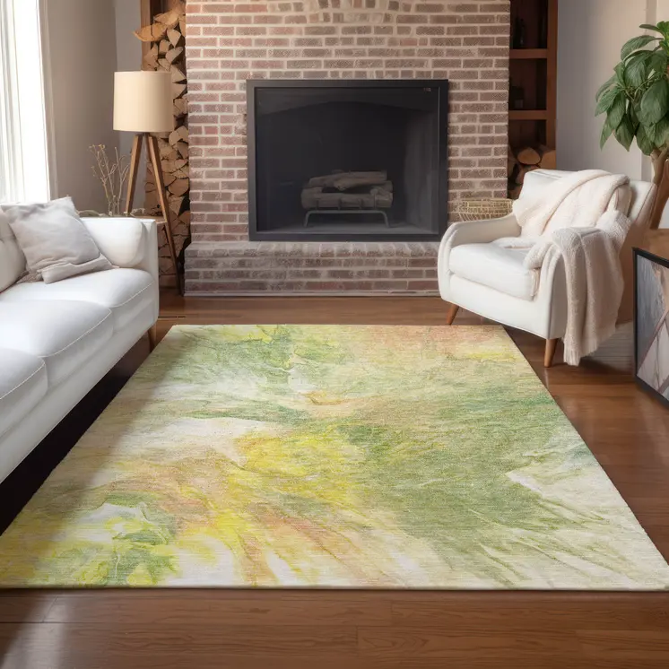 3' X 5' Green And Yellow Abstract Washable Indoor Outdoor Area Rug