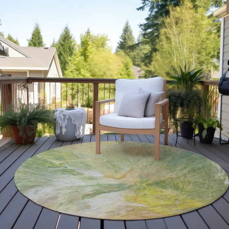 8' Green And Yellow Round Abstract Washable Indoor Outdoor Area Rug