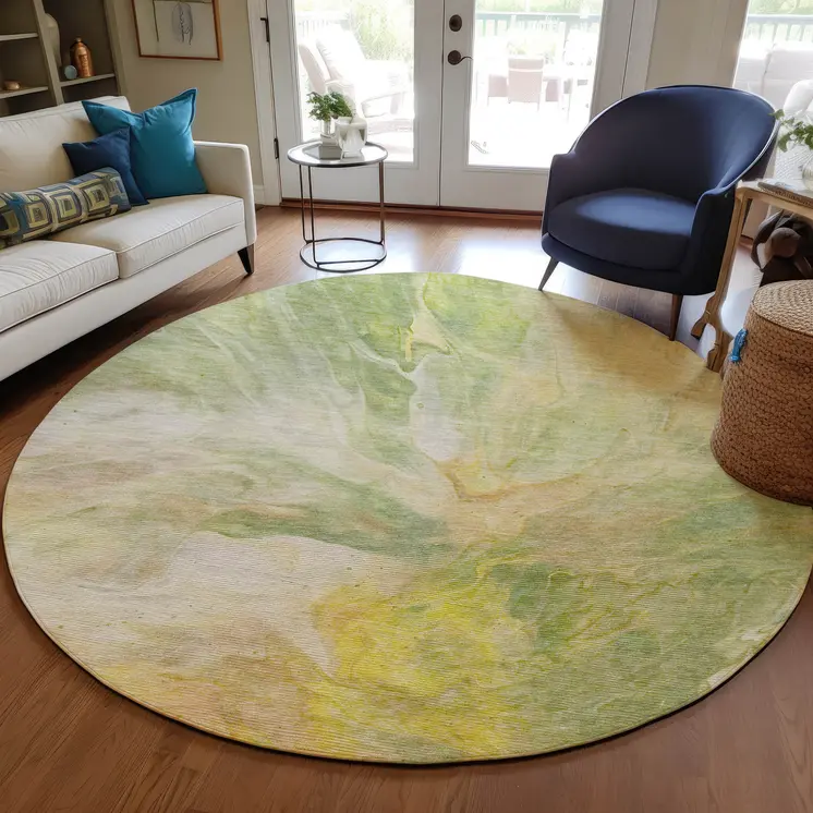 8' Green And Yellow Round Abstract Washable Indoor Outdoor Area Rug