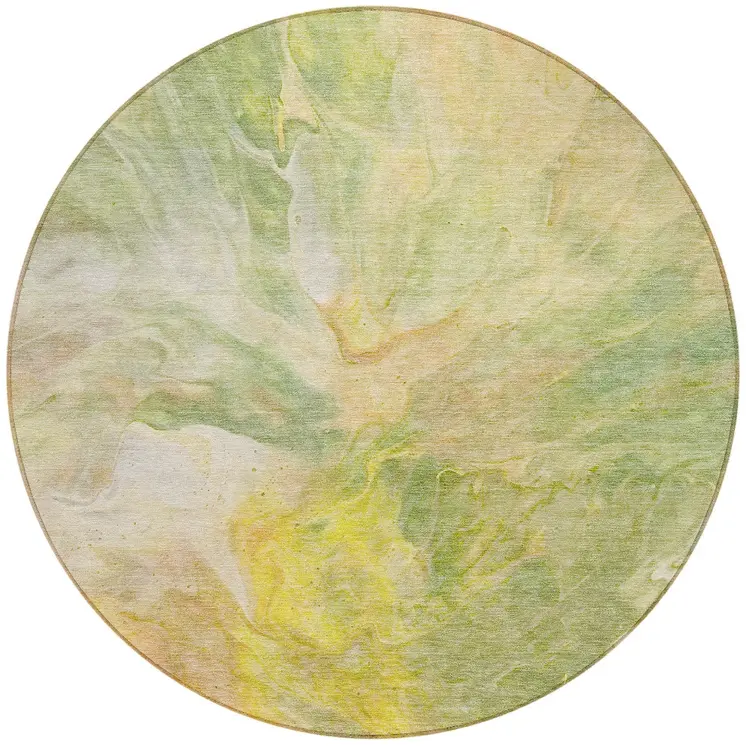 8' Green And Yellow Round Abstract Washable Indoor Outdoor Area Rug