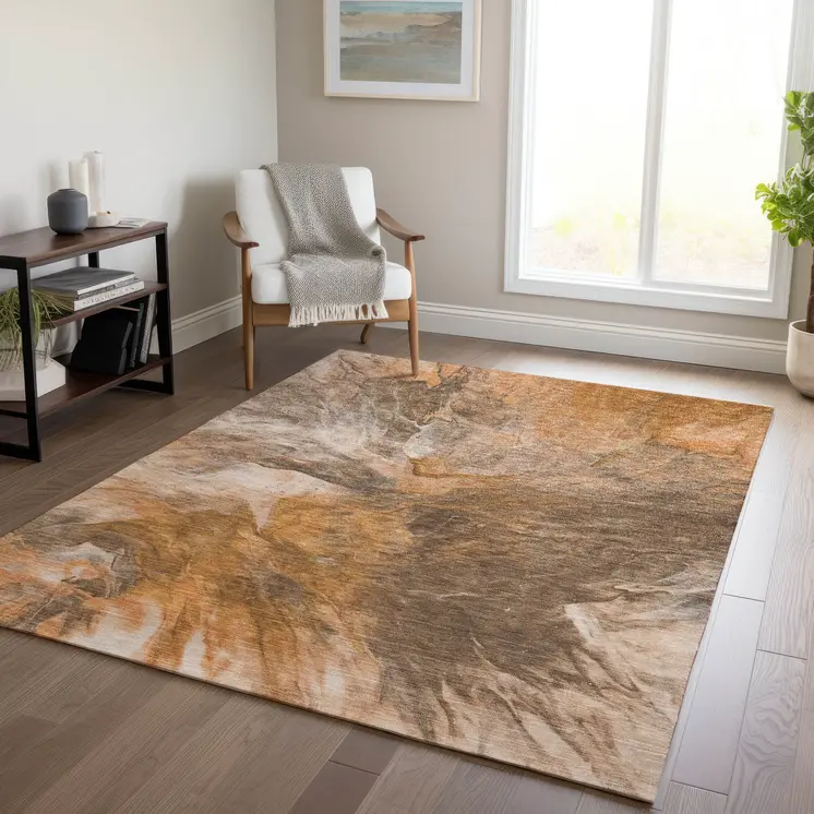 3' X 5' Orange Copper And Terra Cotta Abstract Washable Indoor Outdoor Area Rug