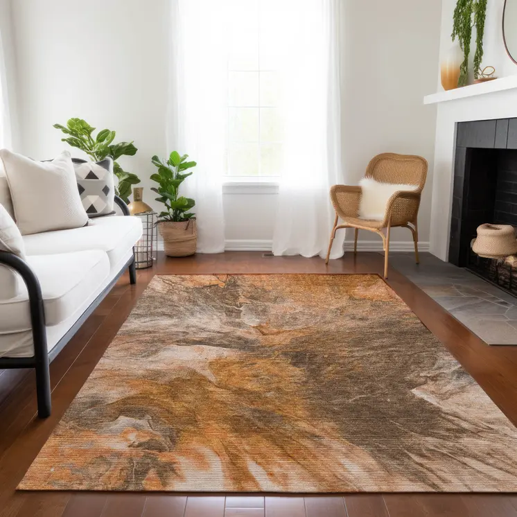 3' X 5' Orange Copper And Terra Cotta Abstract Washable Indoor Outdoor Area Rug
