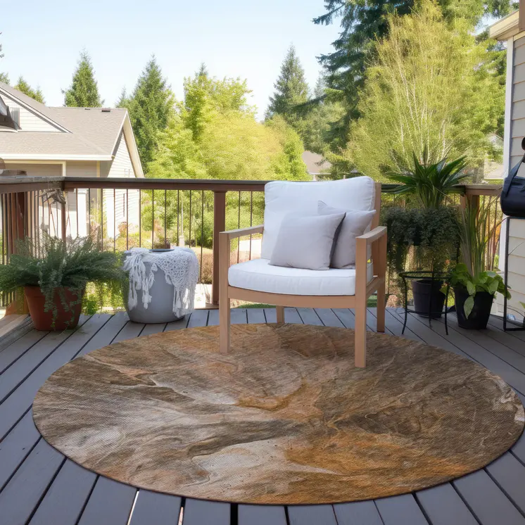 8' Orange Copper And Terra Cotta Round Abstract Washable Indoor Outdoor Area Rug