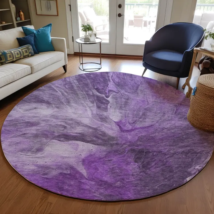 8' Purple Lilac And Eggplant Round Abstract Washable Indoor Outdoor Area Rug